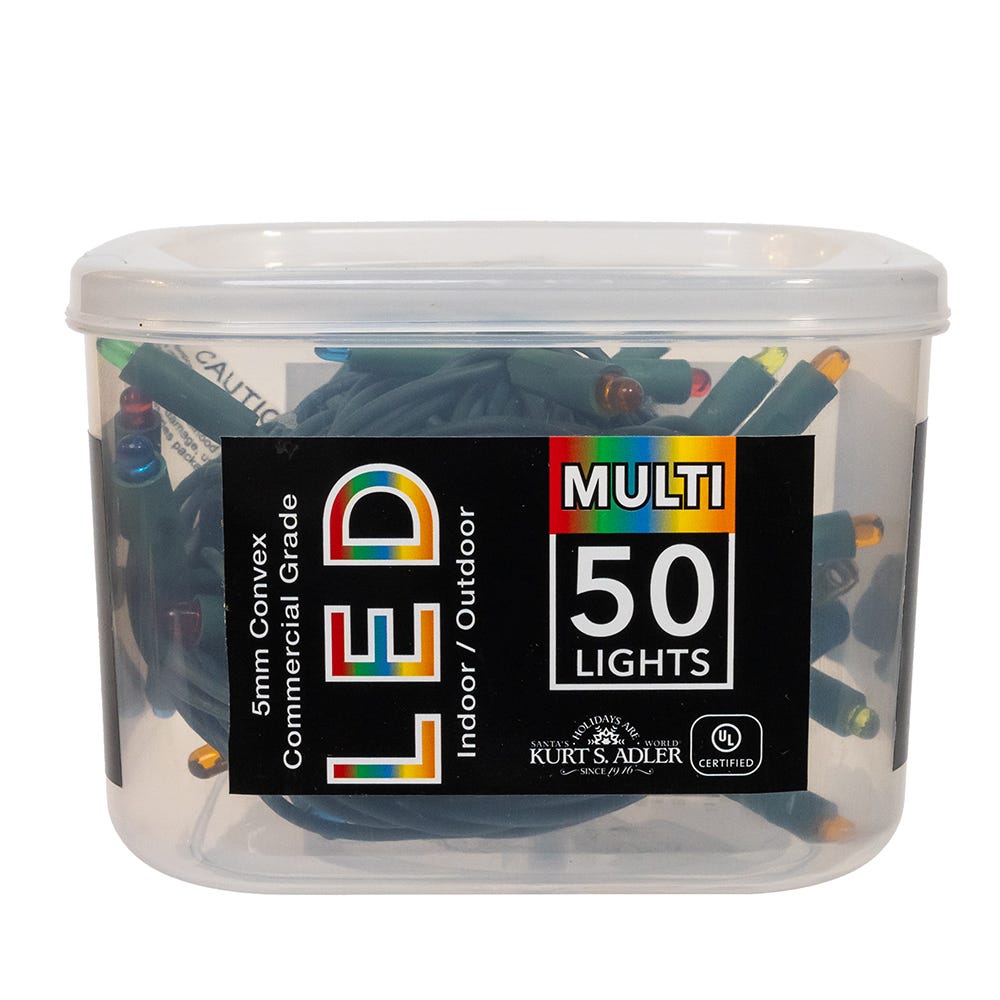 Kurt Adler festive 25.5-Foot UL 50-Light Convex Multicolor 5MM LED Green Wire Light Set.