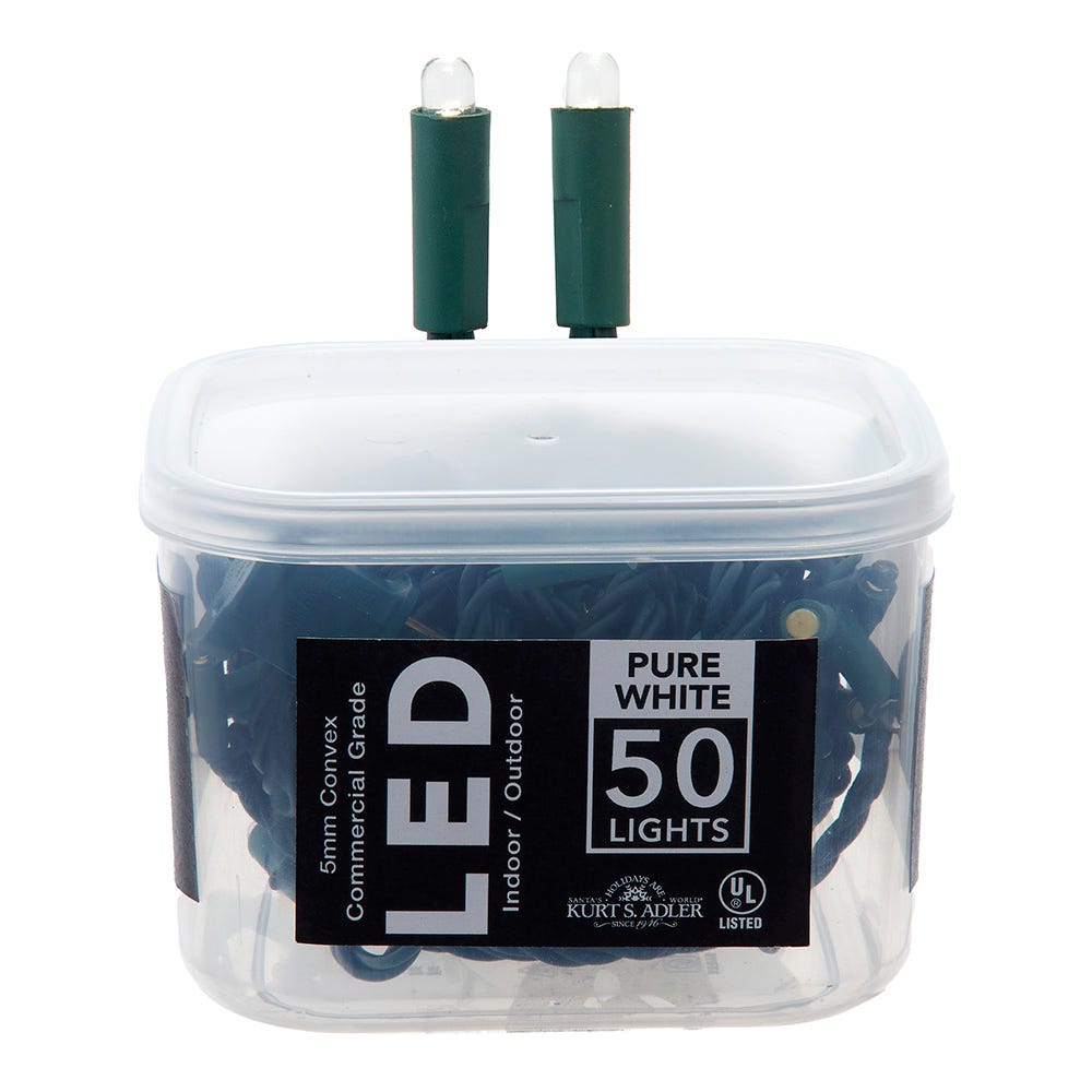 Kurt Adler 25.5-Foot UL 50-Light Convex Pure White 5MM LED Green Wire Light Set UL4127PW