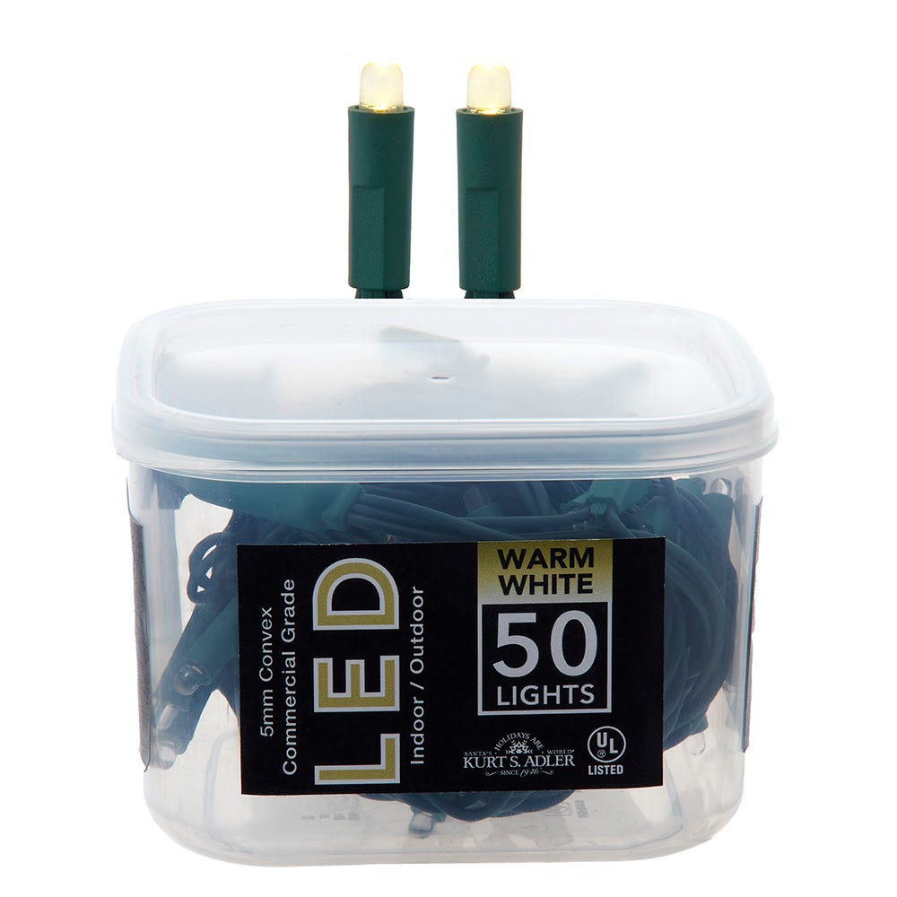 Kurt Adler 25.5-Foot UL 50-Light Convex Warm White 5MM LED Green Wire Light Set UL4127WW
