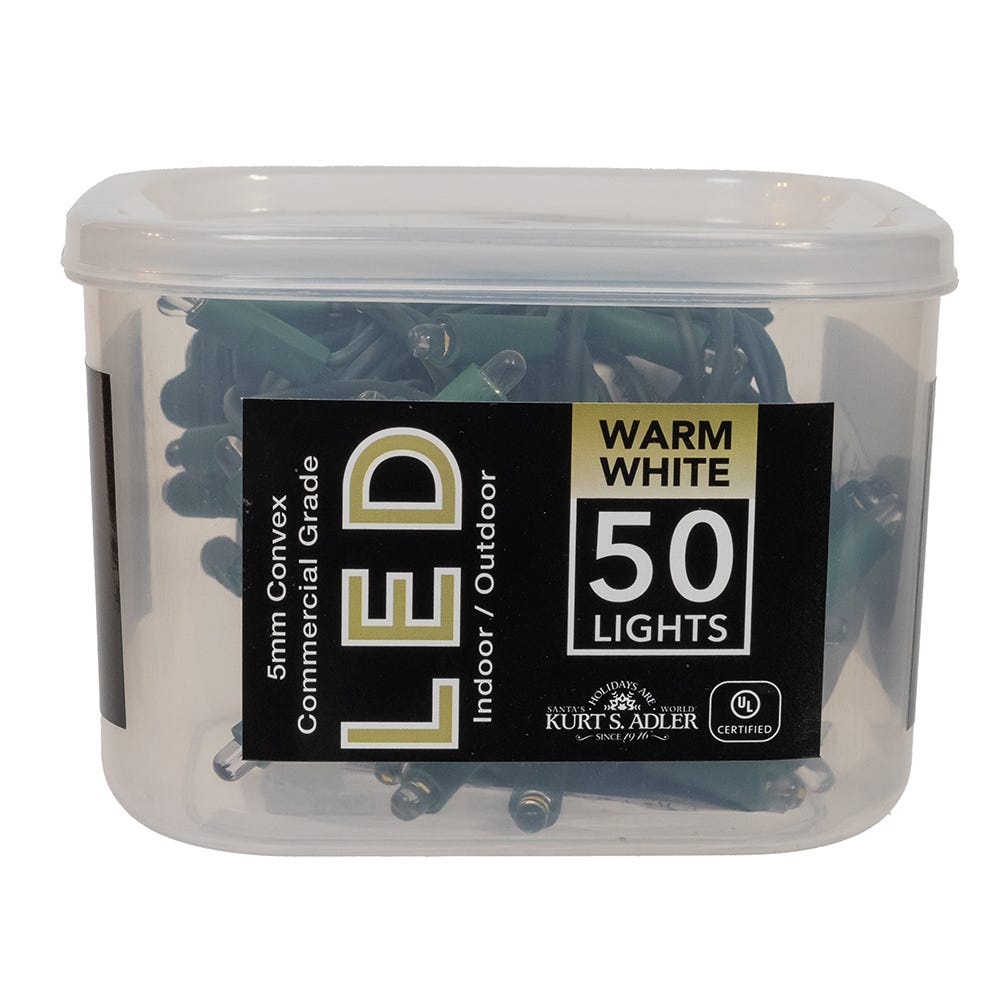 Kurt Adler 25.5-Foot UL 50-Light Convex Warm White 5MM LED Green Wire Light Set