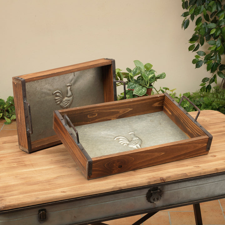 Rustic Farmhouse Set of 2 Metal and Wood Decorative Trays 2385640HDEC
