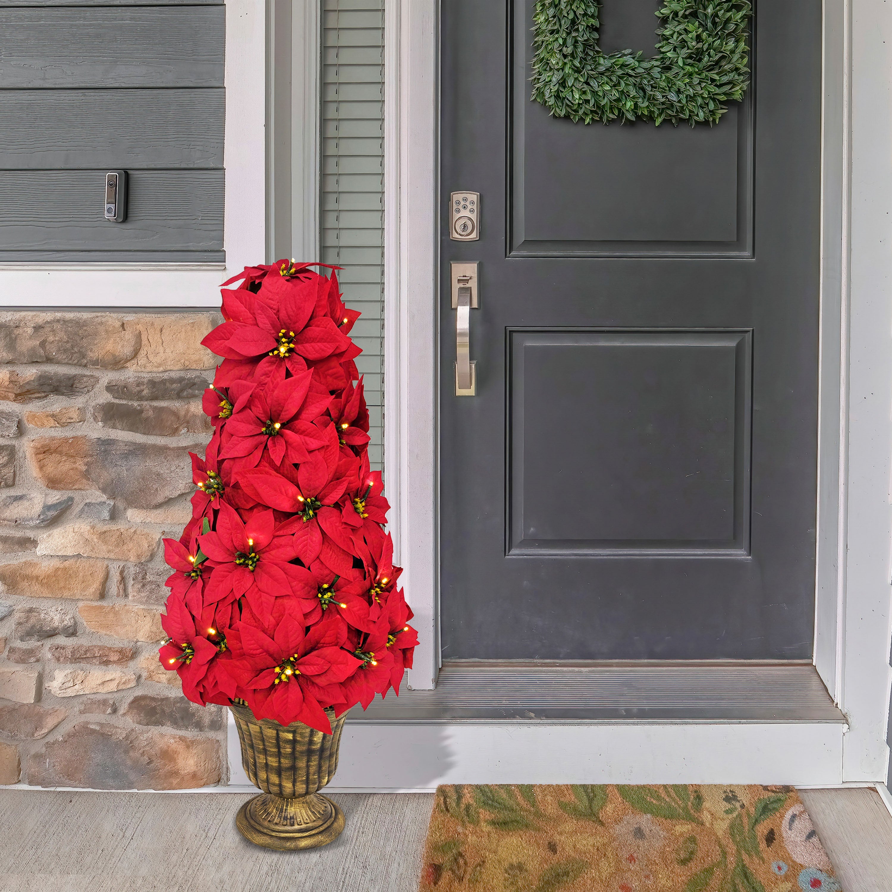 36" Pre-Lit Battery-Operated Potted Red Poinsettias