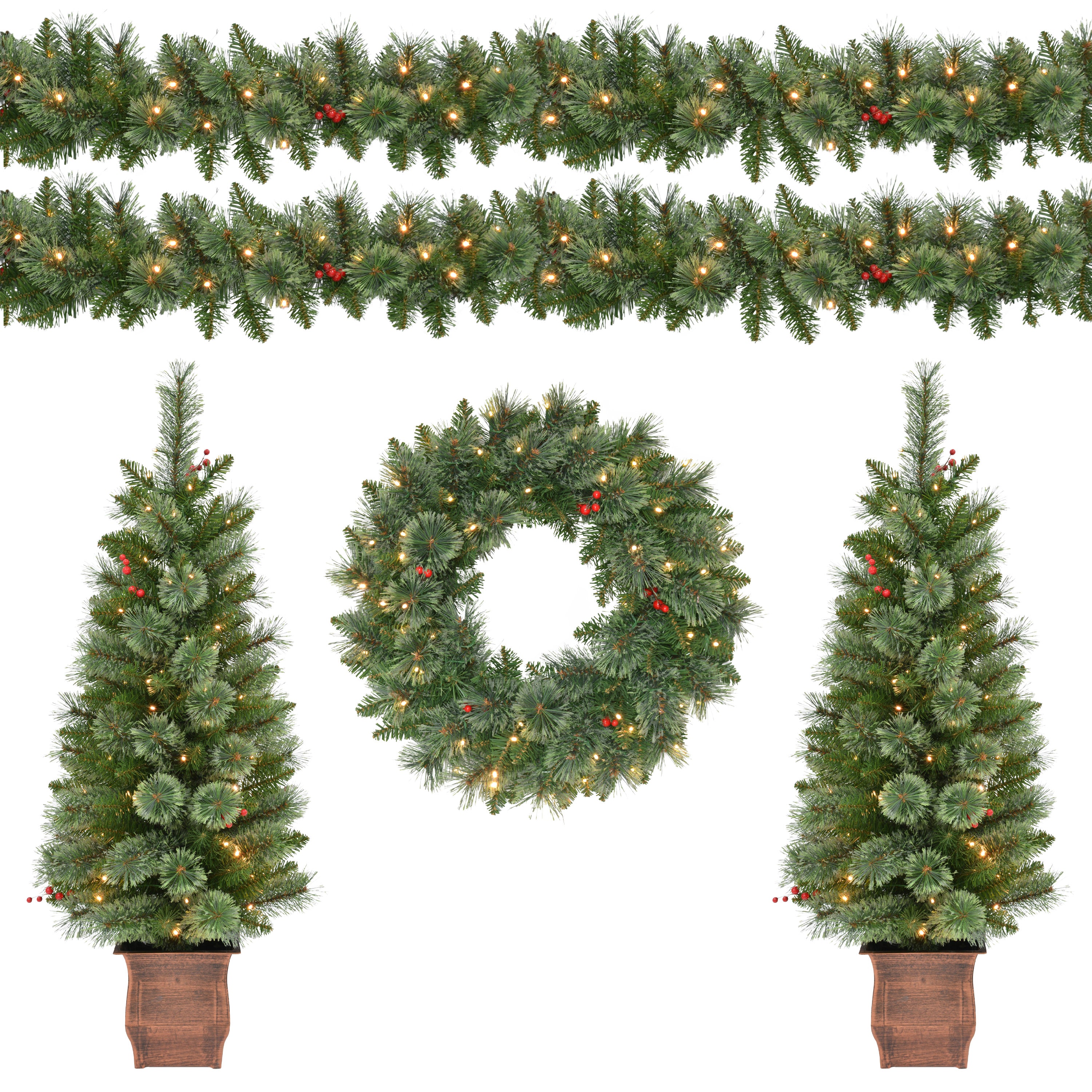 5-Piece Pre-Lit Artificial Christmas Décor Set Featuring 2 Trees, 1 Wreath, and 2 Garland 51048-STWGA-5LW-BO