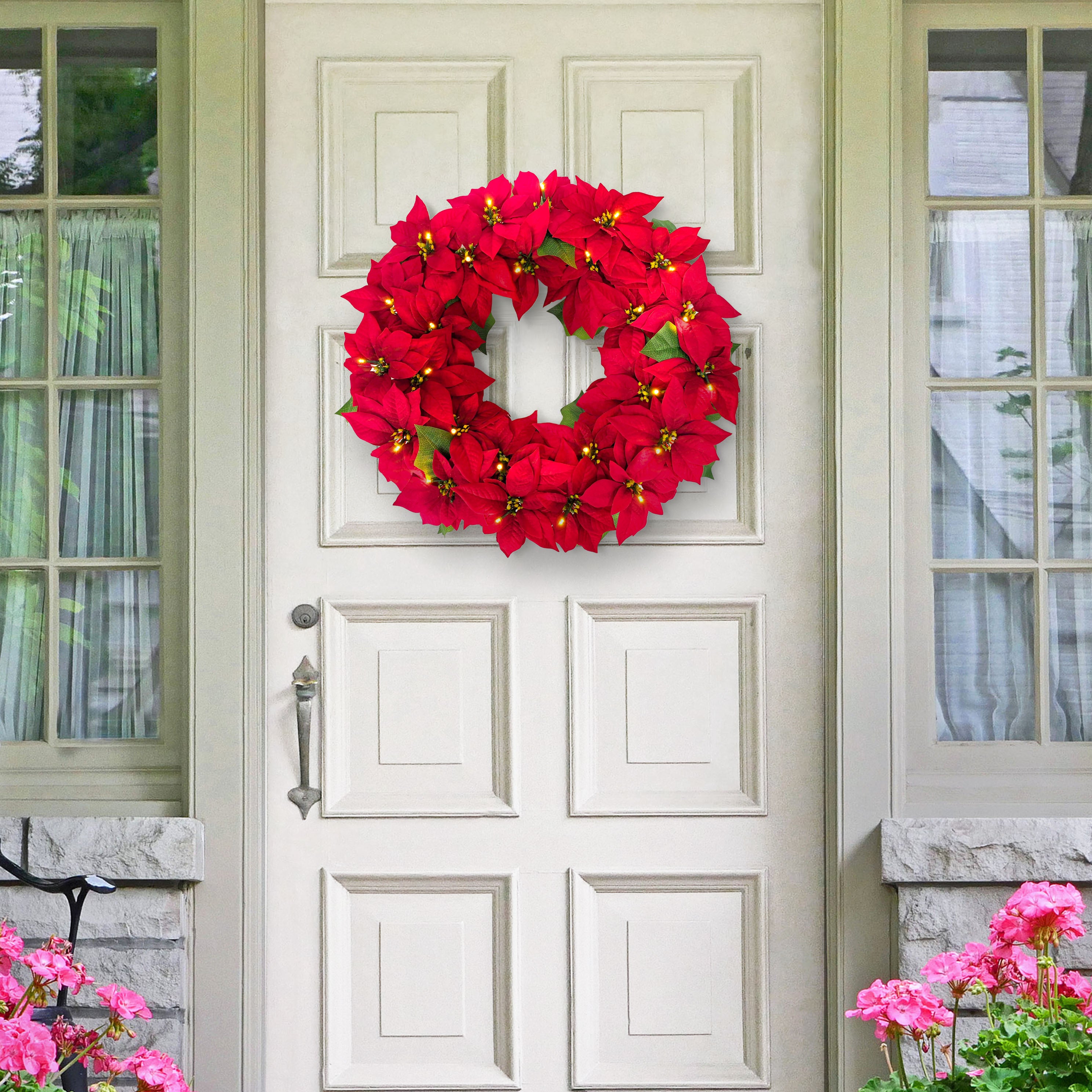 24" Pre-Lit Battery-Operated Red Poinsettia Wreath