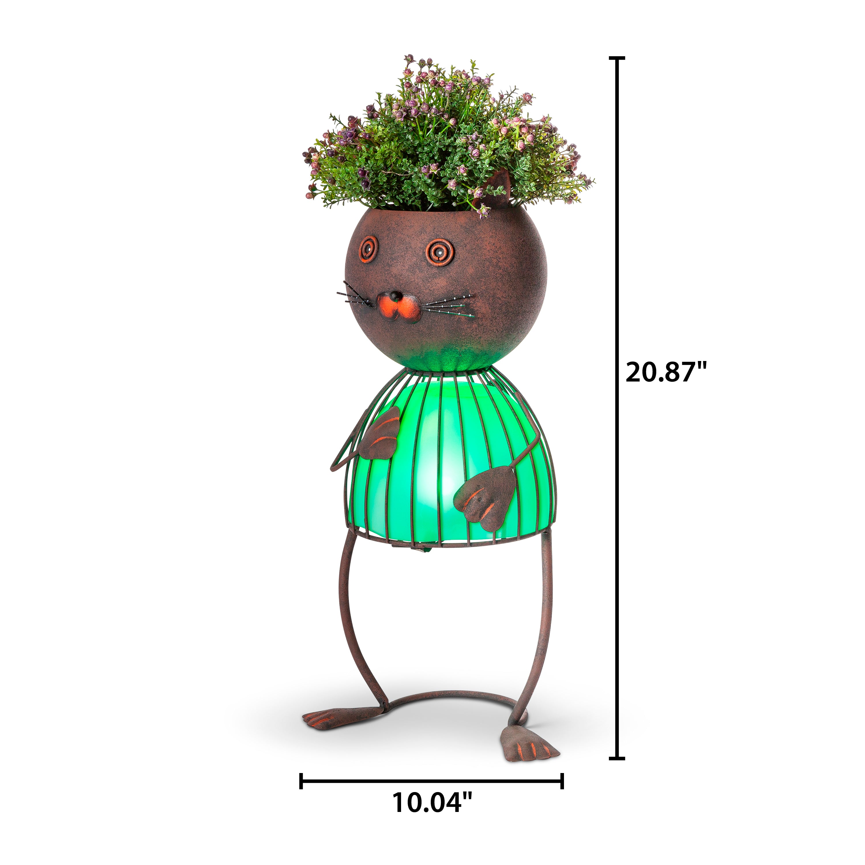 19.88 Inch Green Solar Garden Metal Cat  Planter