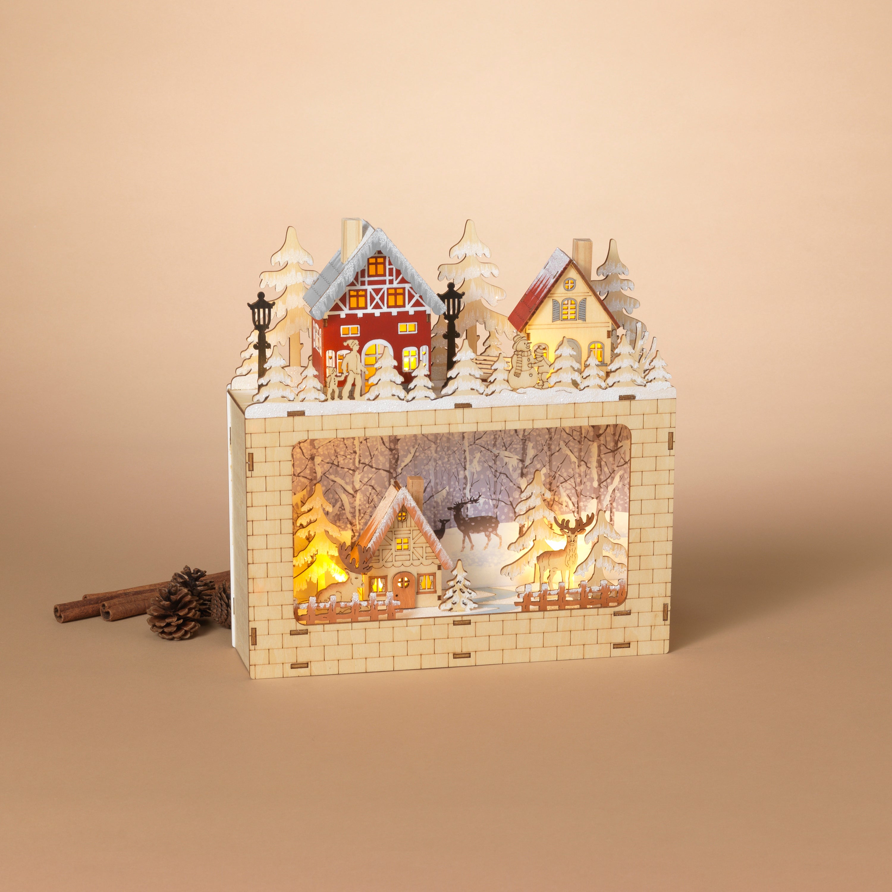 Romantic 11.8 in H Battery Operated Lighted Laser Cut Wood Holiday Village Scene 2735460EC