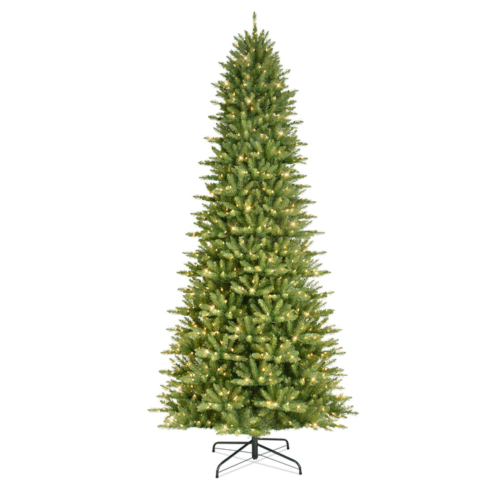 10 ft Pre-Lit Slim Fraser Fir Artificial Christmas Tree with 900 UL Clear Lights On/Off Foot Pedal Metal Stand Green FFSLA-100C9
