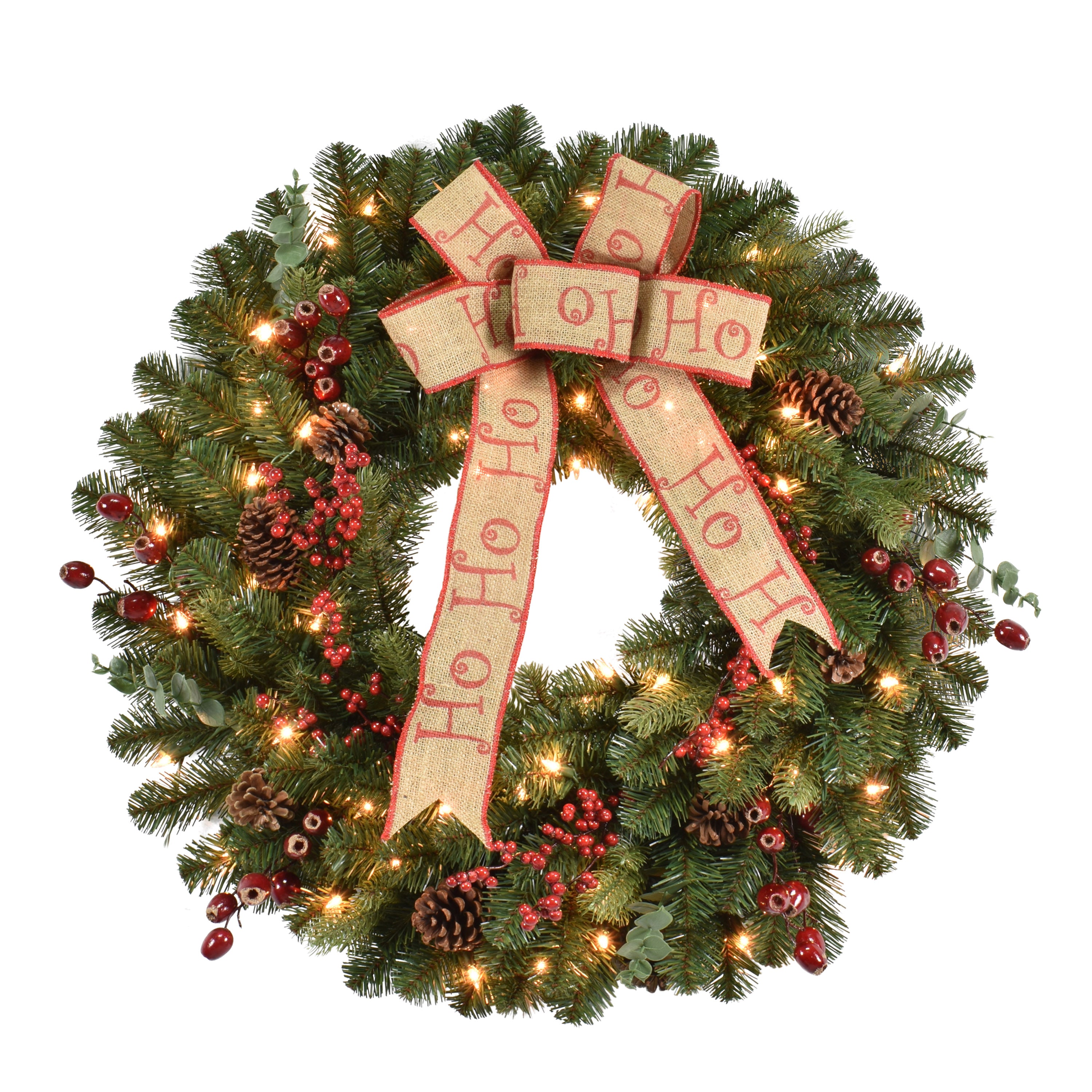30 in Pre-Lit Decorated Wreath with 70 UL Clear Lights Pinecones Red Berries and a Burlap Bow Indoor/Outdoor Use Green W7111A-30C07