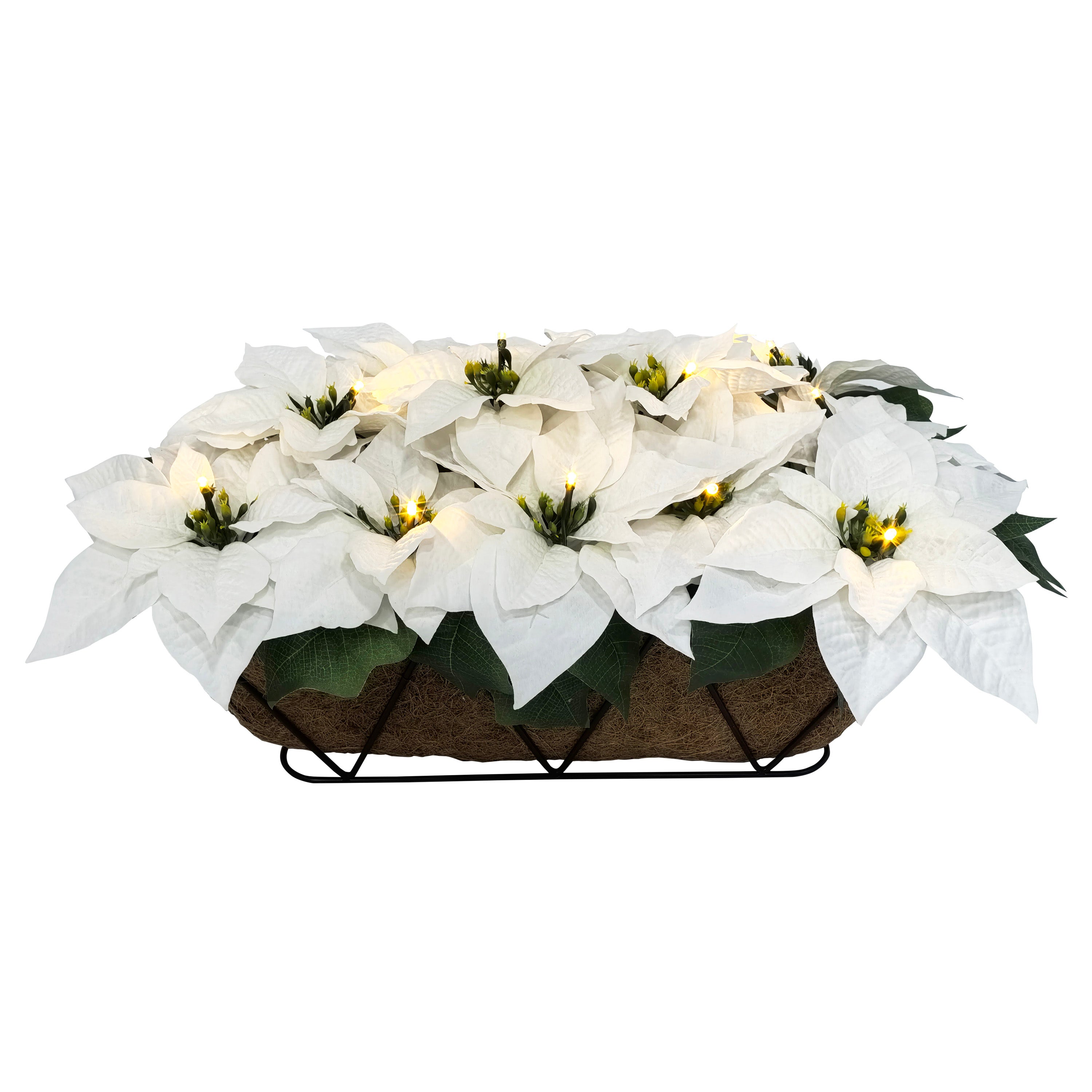 24" Pre-Lit Battery-Operated Artificial White Poinsettia Window Box Décor 51065-ST24WHLW013A-BO