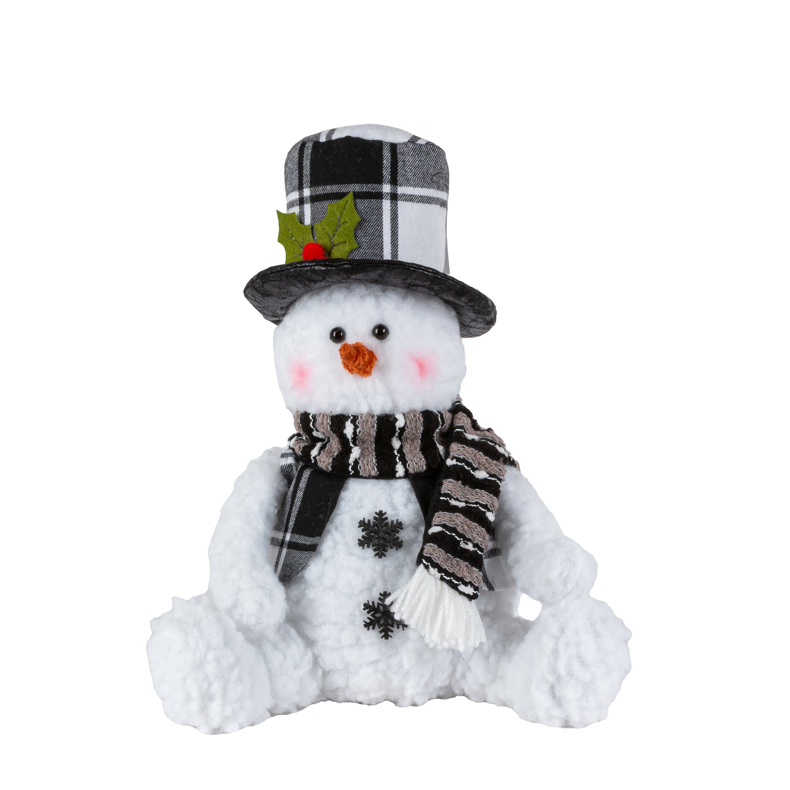 Snow dusted 11 in H Black and White Plaid Soft Sculpture Snowmen, Set of 2