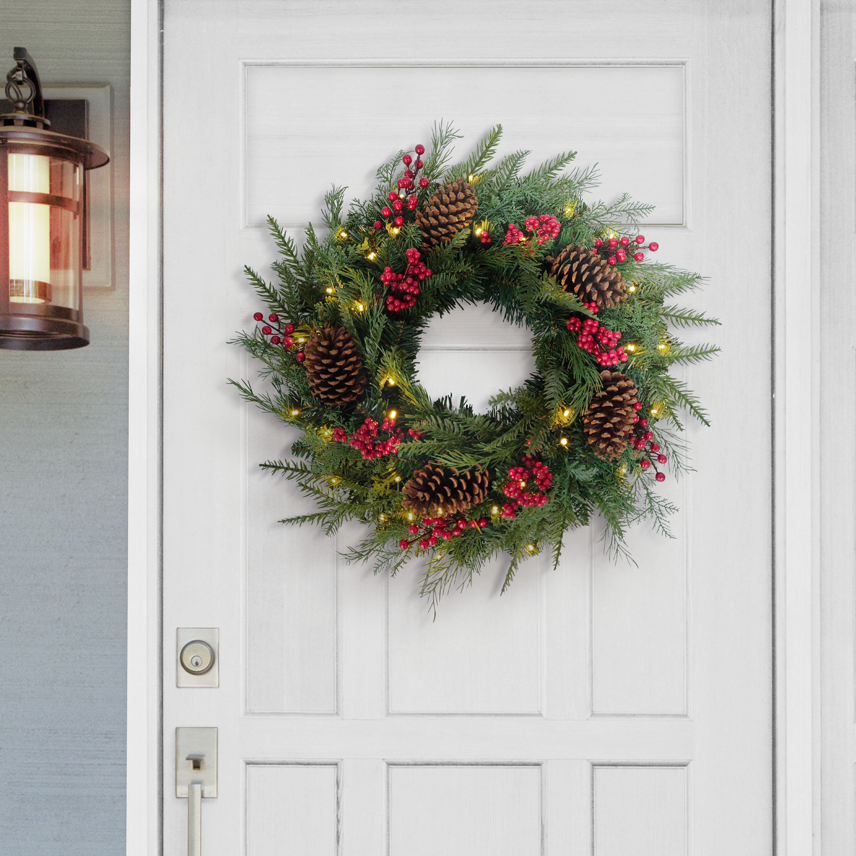 24" Pre-Lit Adorned Wreath Battery-Operated Warm White LED Lights