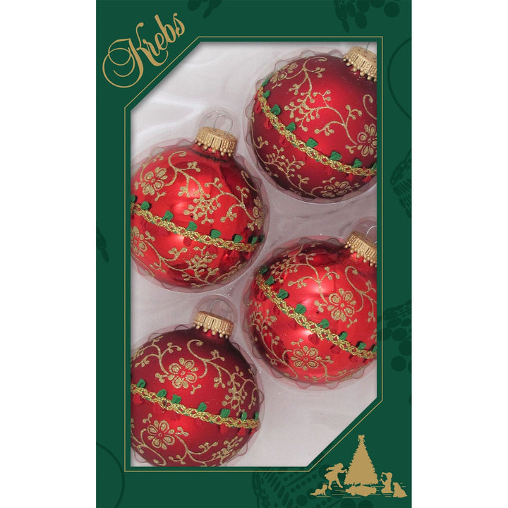 Christmas by Krebs Red Velvet 2.63 in with Gold Glitter lace and Braid Glass Christmas Tree Ornaments Set of 4 #KBX72823