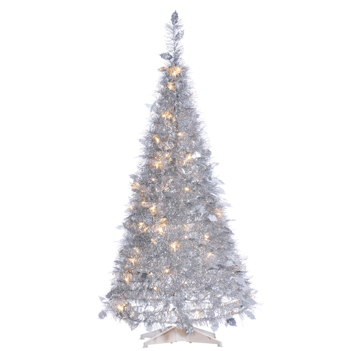 Sterling 4 ft. Pre Lit Warm White LED Pop up Silver Tinsel Tree