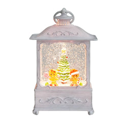 White Antique Lantern with LED Light Up Gingerbread Children Scene Spinning Glitter Waterglobe
