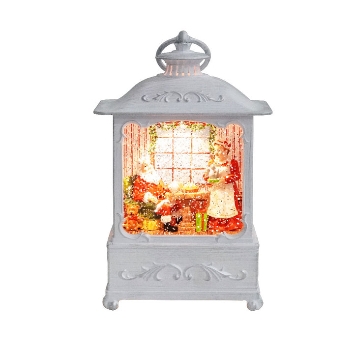 White Antique Lantern with LED Light Up Santa and Mrs Claus Scene Spinning Glitter Waterglobe