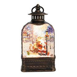 Antique Lantern with LED Light Up Santa with Toy Sack Scene Spinning Glitter Waterglobe