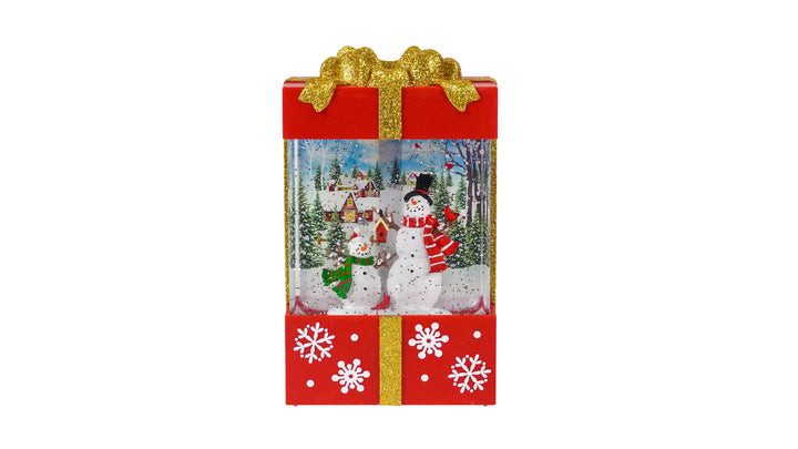 Red and Gold Square Gift Box with LED Warm White Light Up Snowman Family Scene Spinning Glitter Waterglobe