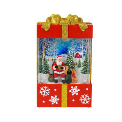 Red and Gold Square Gift Box with LED Warm White Light Up Santa and Dog Winter Scene Spinning Glitter Waterglobe