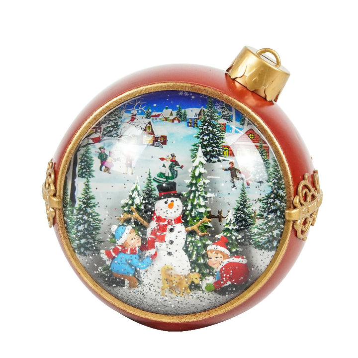 Red and Gold Ornament Ball with LED Warm White Light Up Musical Building a Snowman Scene Spinning Glitter Waterglobe