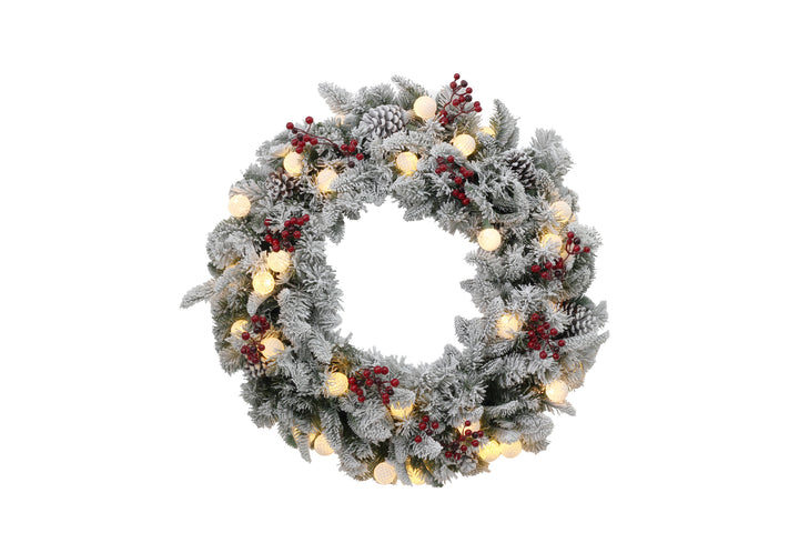 Puleo International 30in Flocked Bridgeport Wreath in Warm White