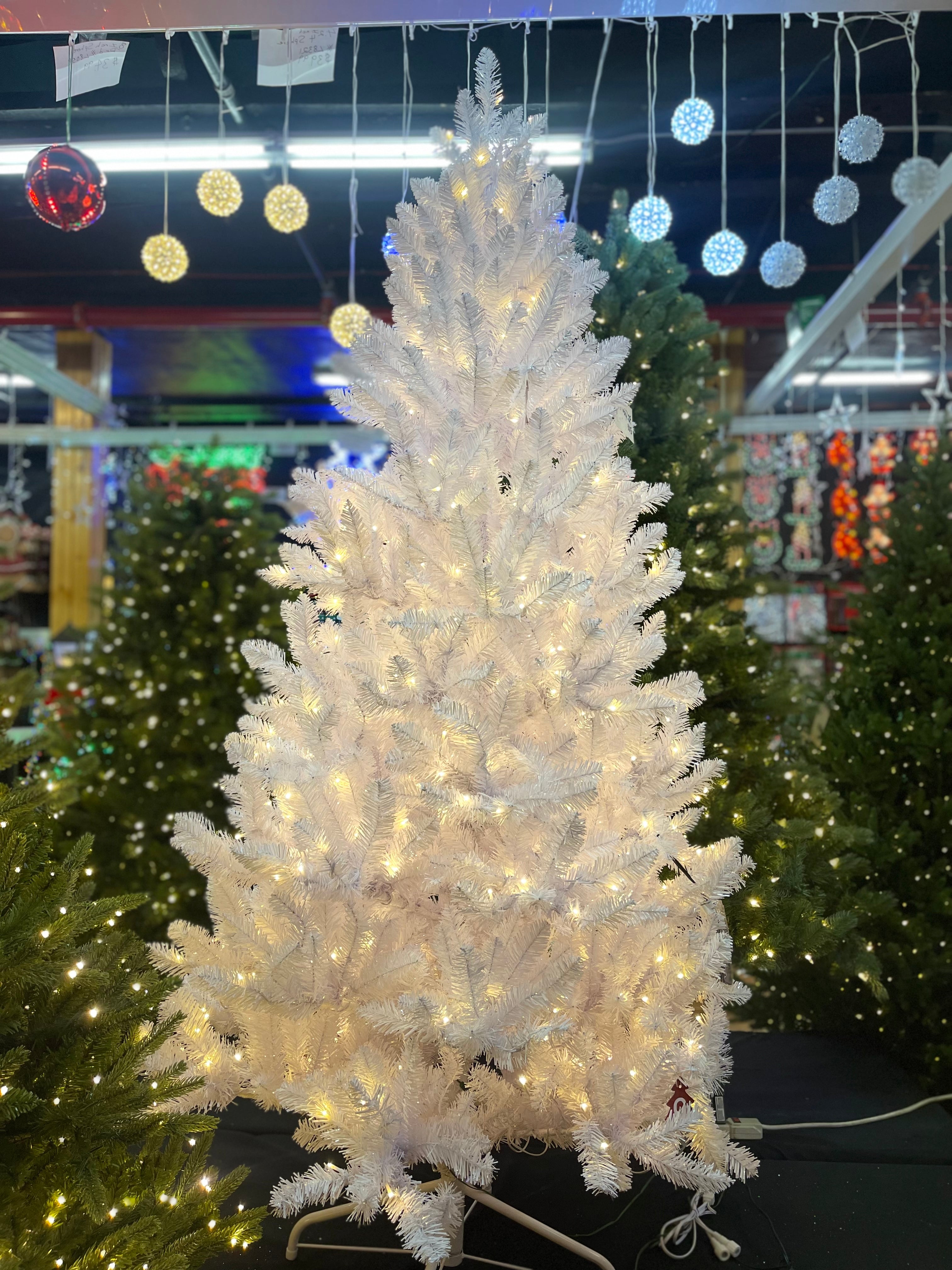 Puleo International 6.5ft Pre-Lit Evergreen Spruce Shiny White Quick Connect Tree with Multi-Function Warm White to Multi LED Lights