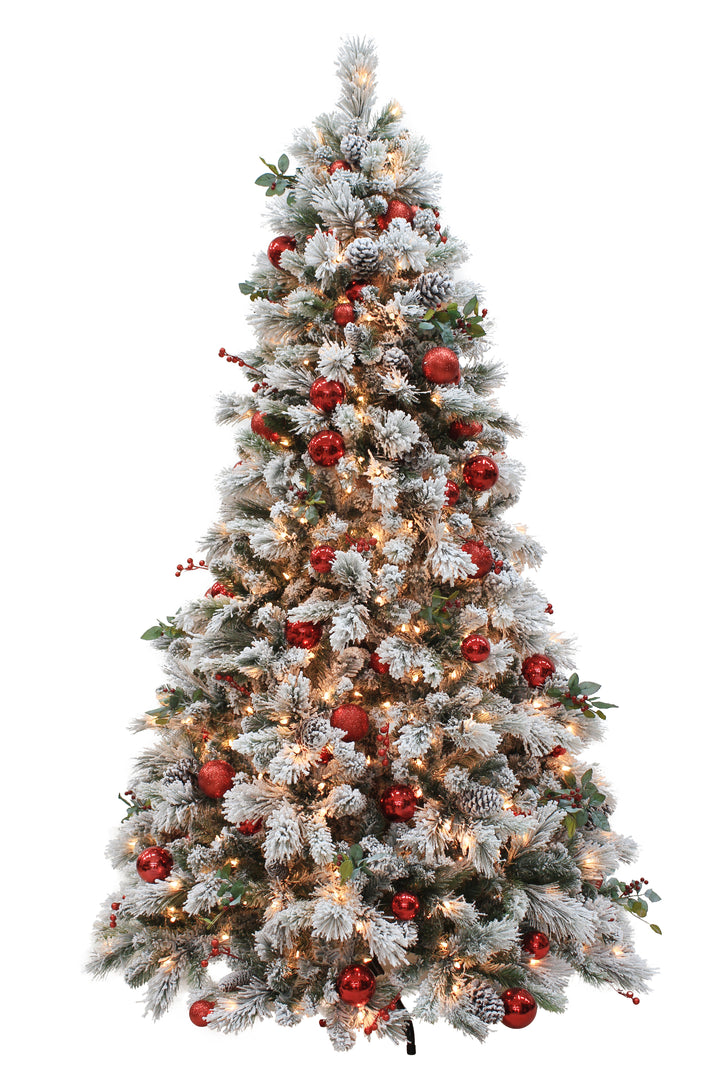 Puleo International 7ft Prelit Fairfield Flocked with Pinecones Ball Ornaments &Red Berries