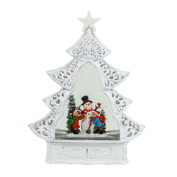 White Scroll Design Christmas Tree with LED Warm White Light Up Snowman and Kids Scene Spinning Glitter Waterglobe