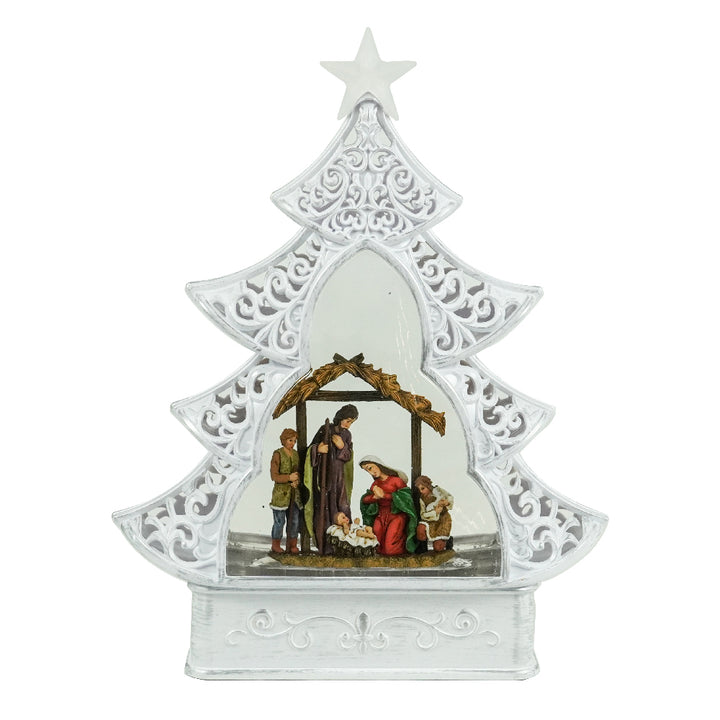 White Scroll Design Christmas Tree with LED Warm White Light Up Nativity Holy Family Scene Spinning Glitter Waterglobe