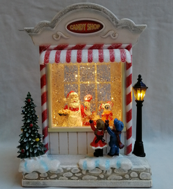 Snowy Candy Cane Shop with LED Warm White Light Up Santa Chef Scene Spinning Glitter Waterglobe