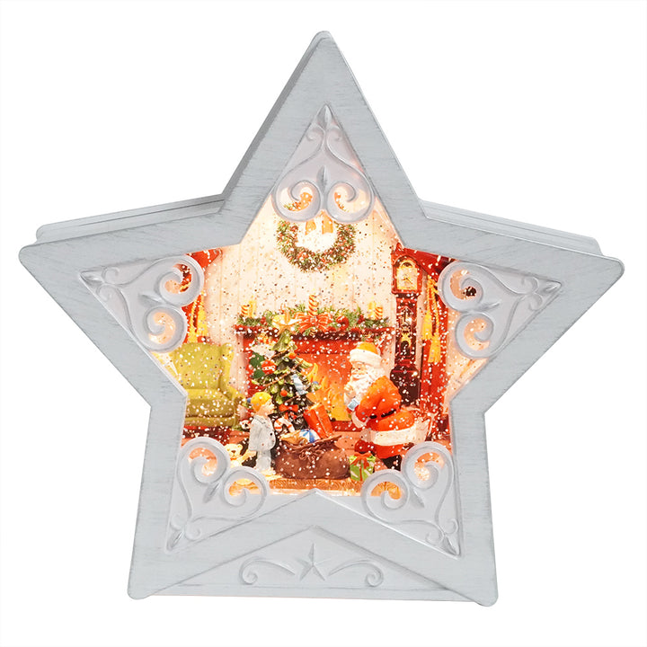 White Star Scroll Design with LED Warm White Light Up Santa Fireplace Scene Spinning Glitter Waterglobe