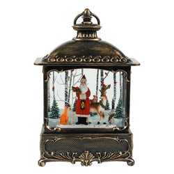 Antique Bronze Brushed Square Lantern with LED Light Up Santa with Deer Scene Spinning Glitter Waterglobe