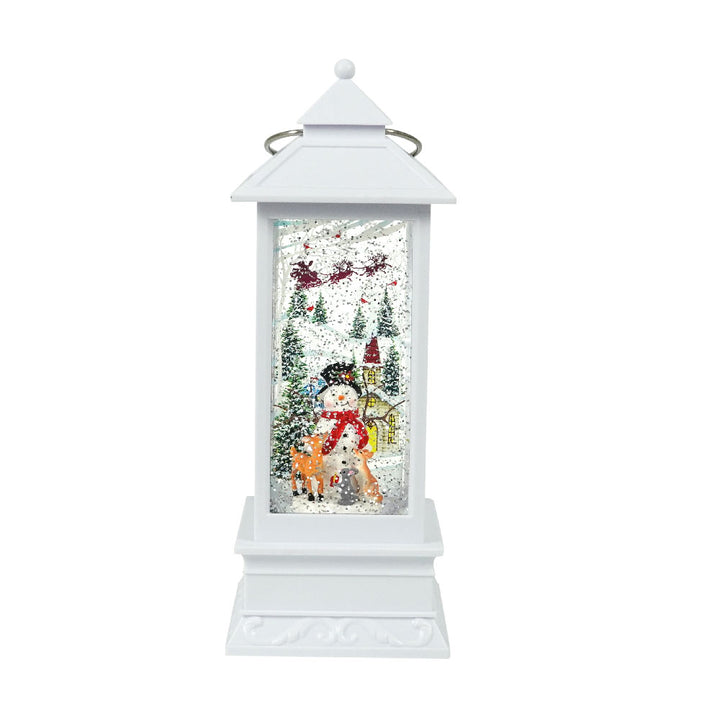 Antique White Tall Lantern with LED Light Up Snowman Scene Spinning Glitter Waterglobe