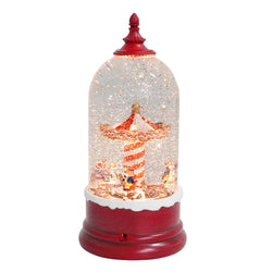 Red Snowy Cloche with LED Light Up Carousel Scene Spinning Glitter Waterglobe