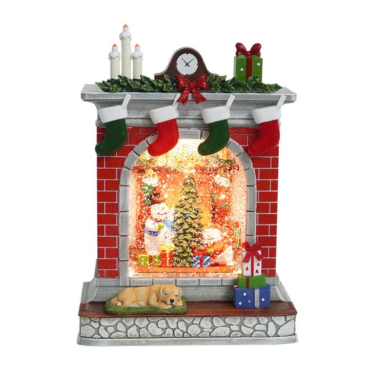 Stockings on Fireplace with LED Light Up Snowman Family Scene Spinning Glitter Waterglobe