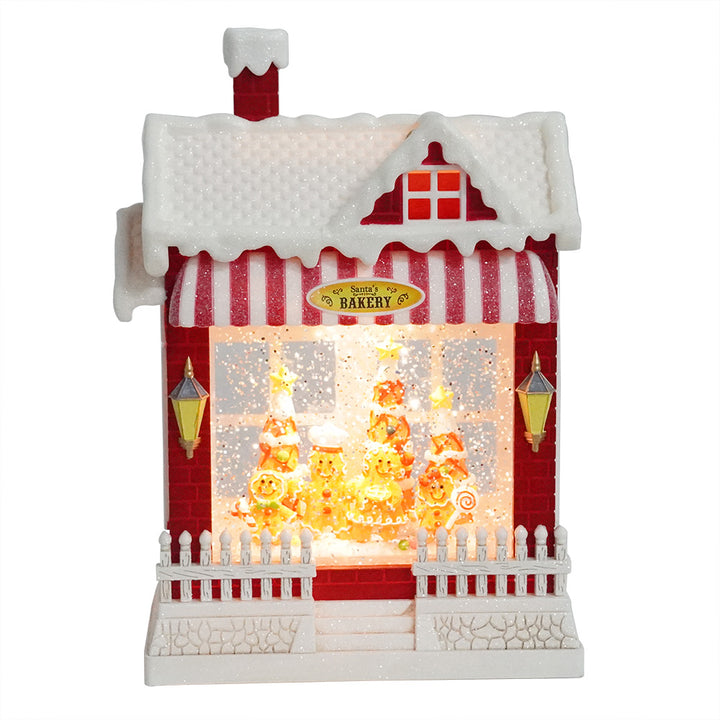 Red Snowy Bakery with LED Warm White Light Up Gingerbread Family Shop Spinning Glitter Waterglobe