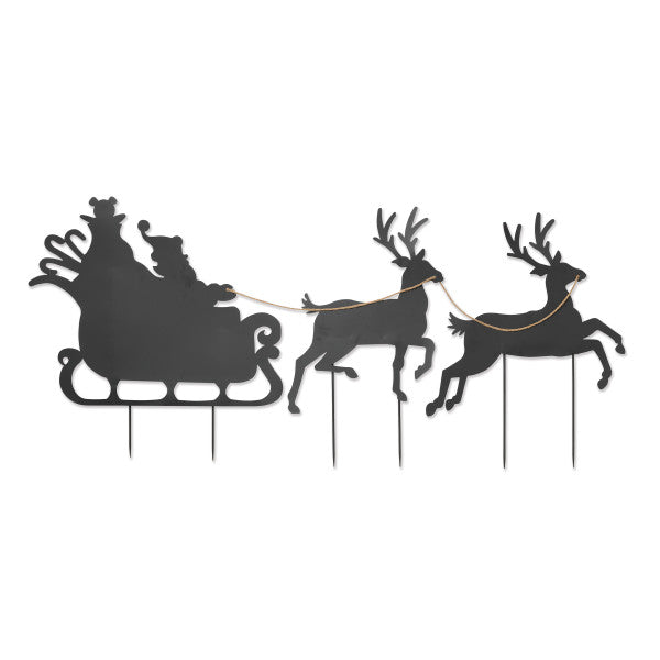 Metal Santa Riding Sleigh with 2 Deer Silhouette Stake