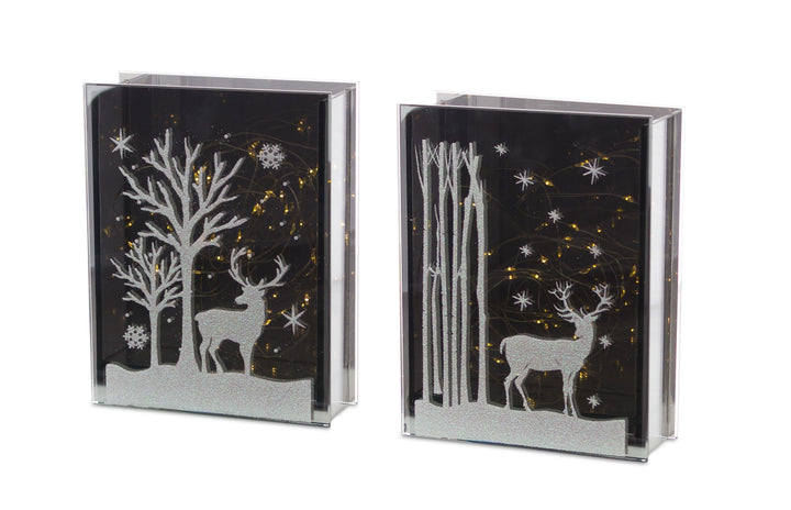 Set of 2 Lighted Glass Deer and Tree Table Piece with Timer