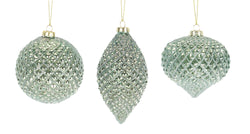 Set of 6 Textured Green and Silver Diamond Glass Ornament