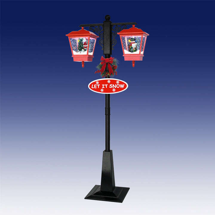 Red and Black Snowing Outdoor Double Street Lamp with Santa and Snowman