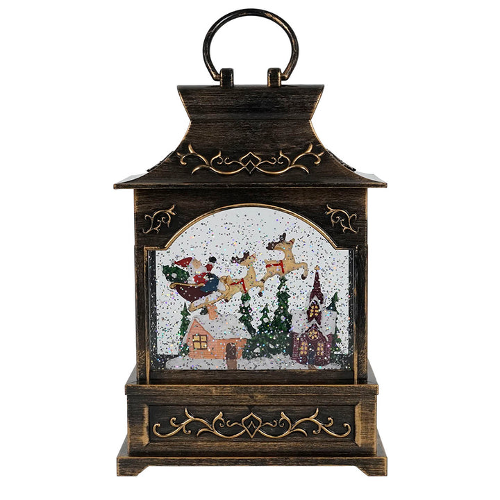 Antique Brushed Square Lantern with LED Warm White Light Up Santa Sleigh Scene Spinning Glitter Waterglobe