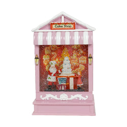 Pink Candy Shop with LED Warm White Light Up Santa Scene Spinning Glitter Waterglobe