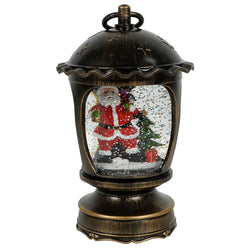 Antique Brushed Starry Lantern with Light Up Santa Scene Spinning Glitter Waterglobe