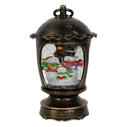 Antique Brushed Starry Lantern with Light Up Snowman Scene Spinning Glitter Waterglobe