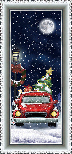 White Frame Snowing Wall Plaque with Red Car