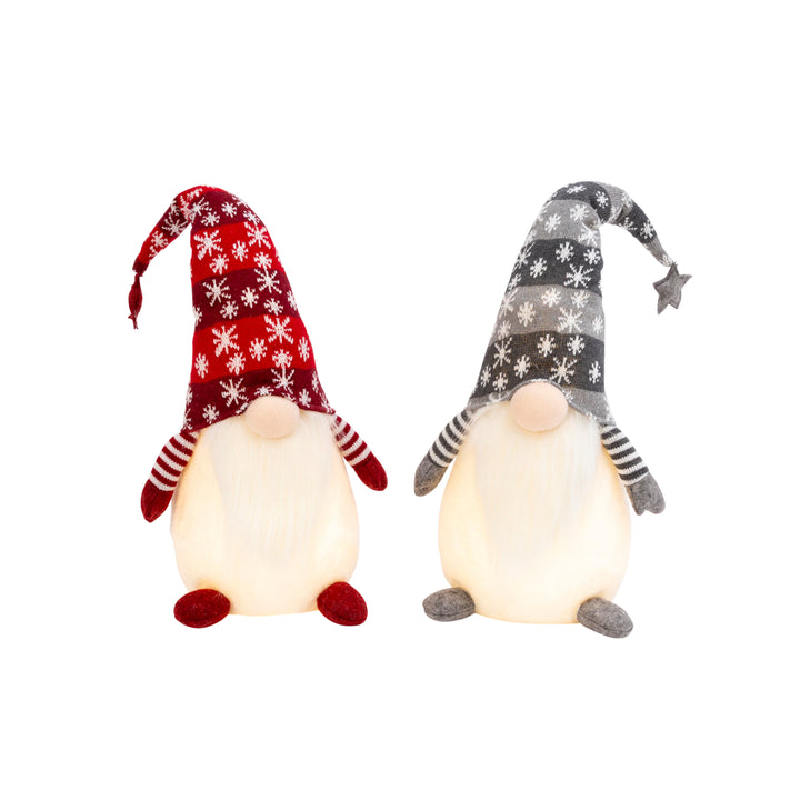 Set of 2 Christmas Lighted Gnome Figurines, Silver and Red