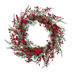 24 Inch Winter Holiday Wreath with Red Berries and Cardinal