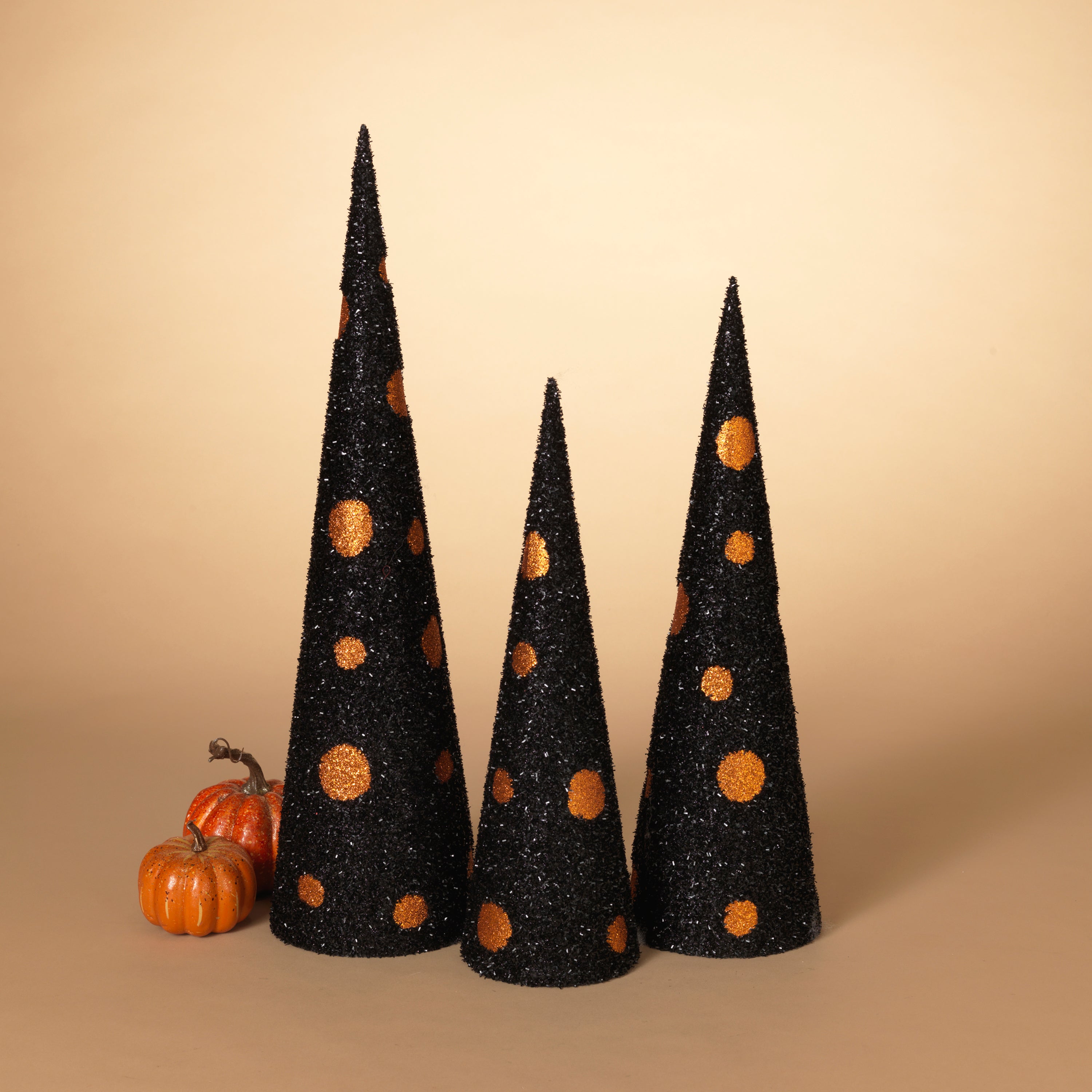 Set of 3 Assorted Black and Orange glitter Halloween cone trees