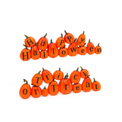 Set of 2 13.7-in Resin Long Pumpkins perched askew spelling out Halloween messages