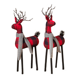 Set of 2 Christmas Holiday Deer Figurines, Red and Black Plaid