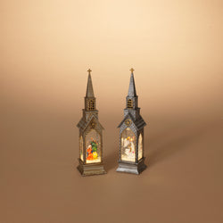 Set of 2 Lighted Holiday Water Globe Church, Battery Operated